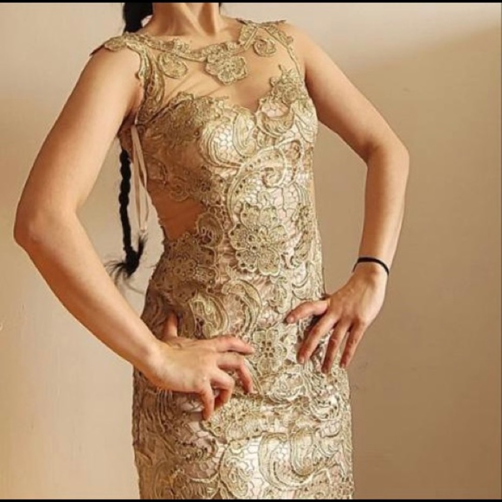 Cream Lace Sequence Prom Dress
